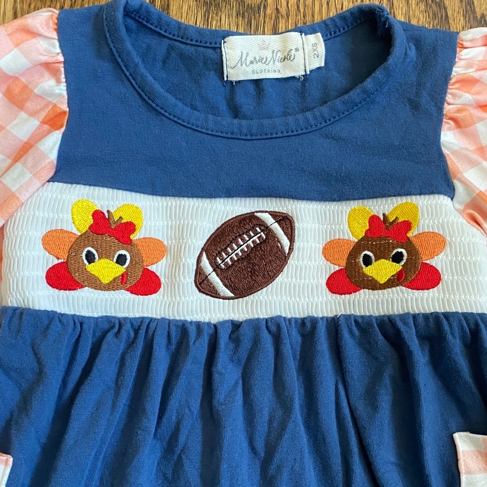 Blue with orange/white check sleeves football/turkey ruffle shirt, size 12-18 M - Picture 2 of 12